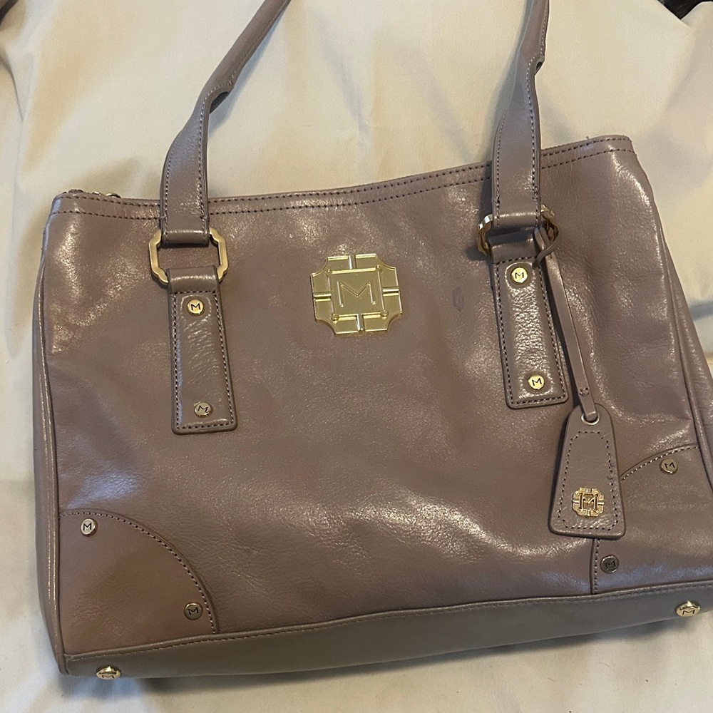 Monet Taupe and Gold Leather Shoulder Bag